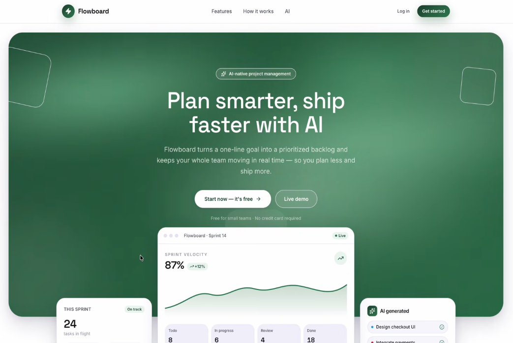 Flowboard AI Kanban board landing page
