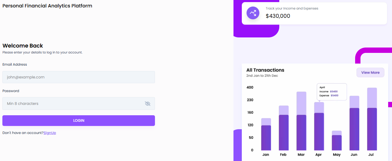 Personal Financial Analytics Platform login screen