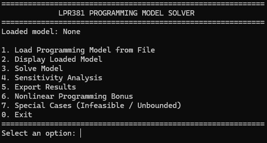 Programming Model Solver console menu